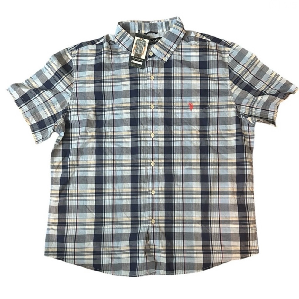 U.S. Polo Assn. Blue Plaid Short Sleeve Button Down Shirt XXL NWT